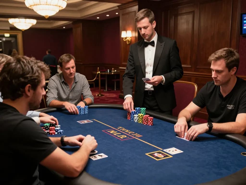 IWIN68 poker players strategizing at a casino table under ambient lighting, intense gameplay.