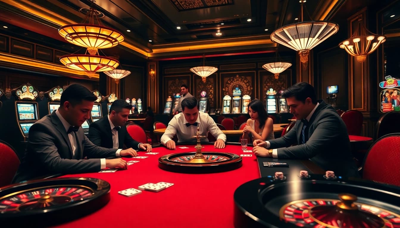 Players engage at a luxurious poker table, showcasing the vibrant atmosphere of https://nk88s.com/ casino gaming.