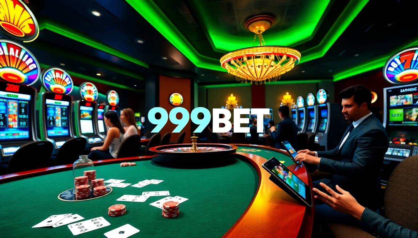 Players enjoying the excitement of casino games at 999BET with vibrant slot machines and poker tables.