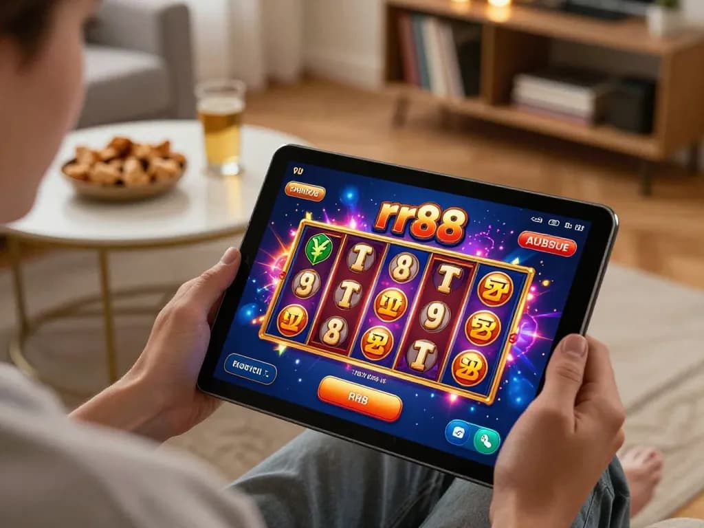 Engage with rr88's dynamic online casino app showing vibrant slot gameplay, cozy home setting.