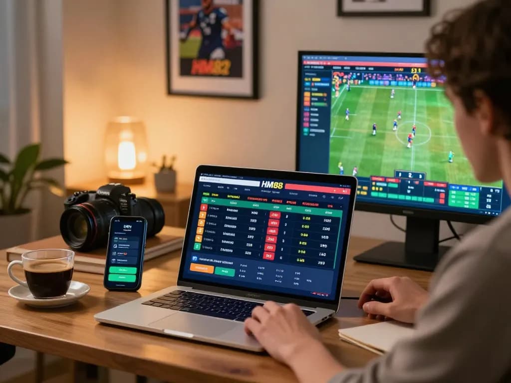 Engaging online betting scene on HM88 platform with dynamic sports graphics and user interaction.
