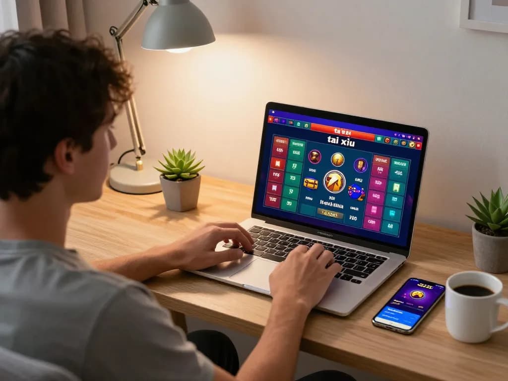 Tài xỉu online uy tín gameplay on a laptop, showcasing an engaging online gambling experience with colorful betting interface.