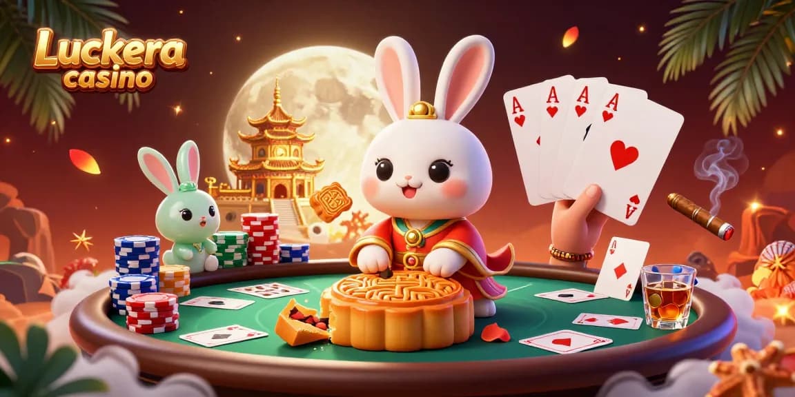 Enjoy thrilling moments at Luckera casino with cartoon moon rabbit and poker-themed elements.