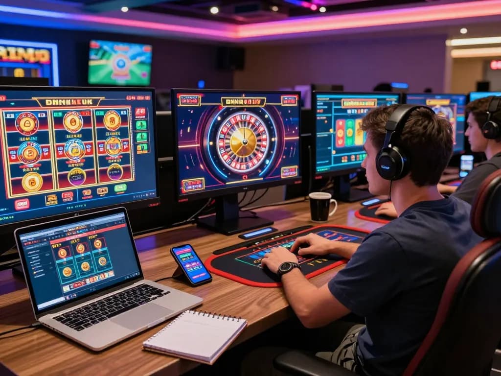 Playing exciting games at non UK casinos on multiple screens in a stylish home gaming setup.