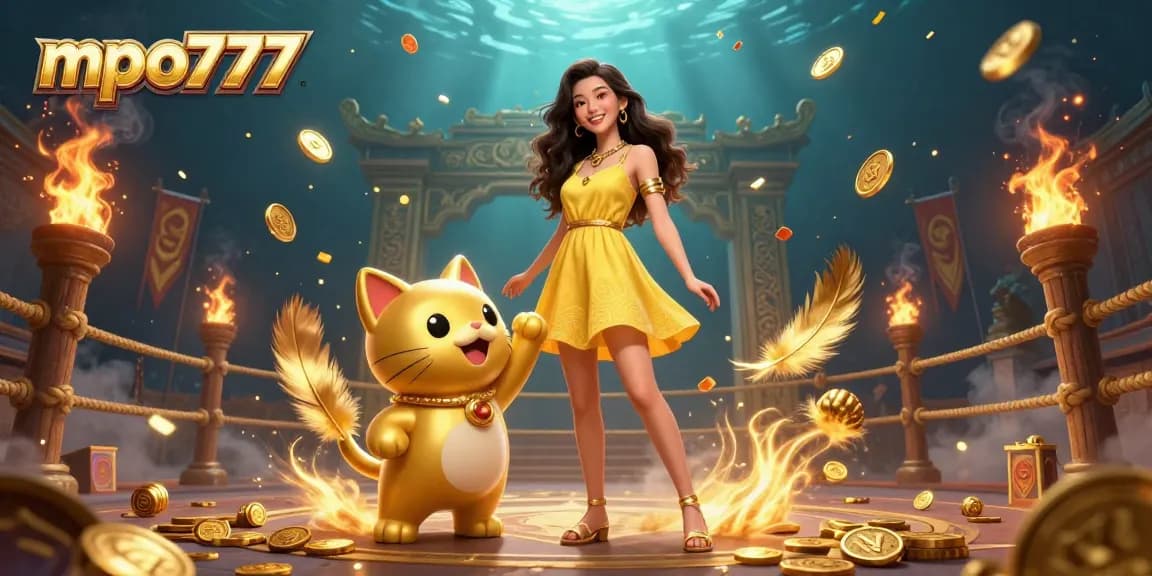 Engage with mpo777, featuring a cheerful Asian woman and a lucky cat in a vibrant casino scene.