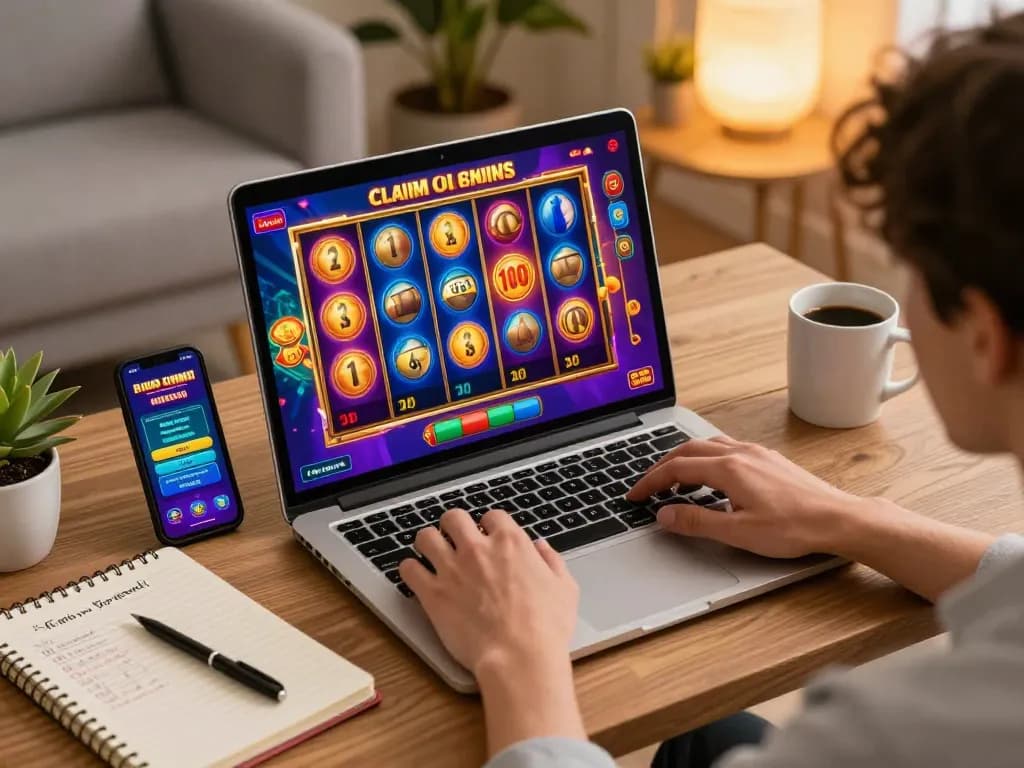 Player enjoying slot games while claiming bonus new member 100 at home, cozy gaming setup.