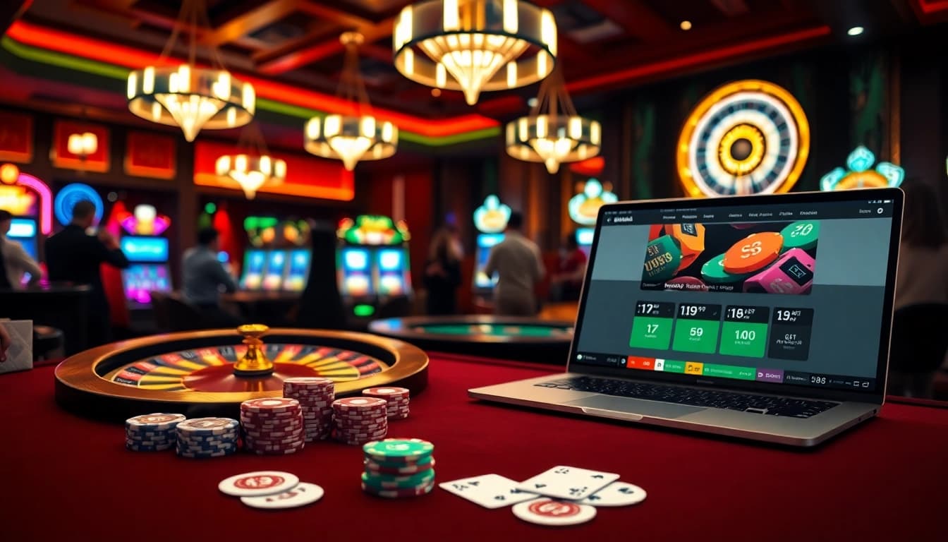 Gambling excitement with keonhacai.deal showcased on a laptop amidst a stunning casino environment.