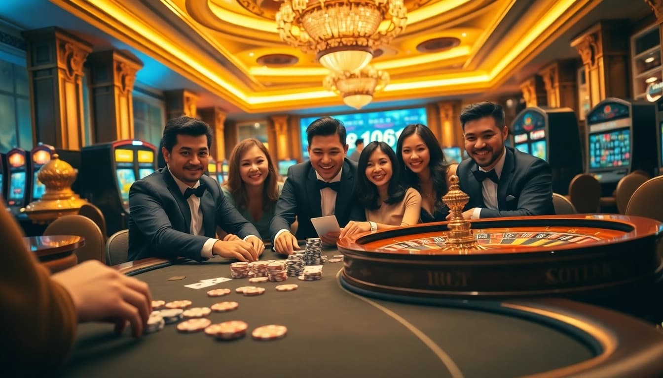 Players at a keonhacai5 poker table enjoying a thrilling game experience in a vibrant casino.