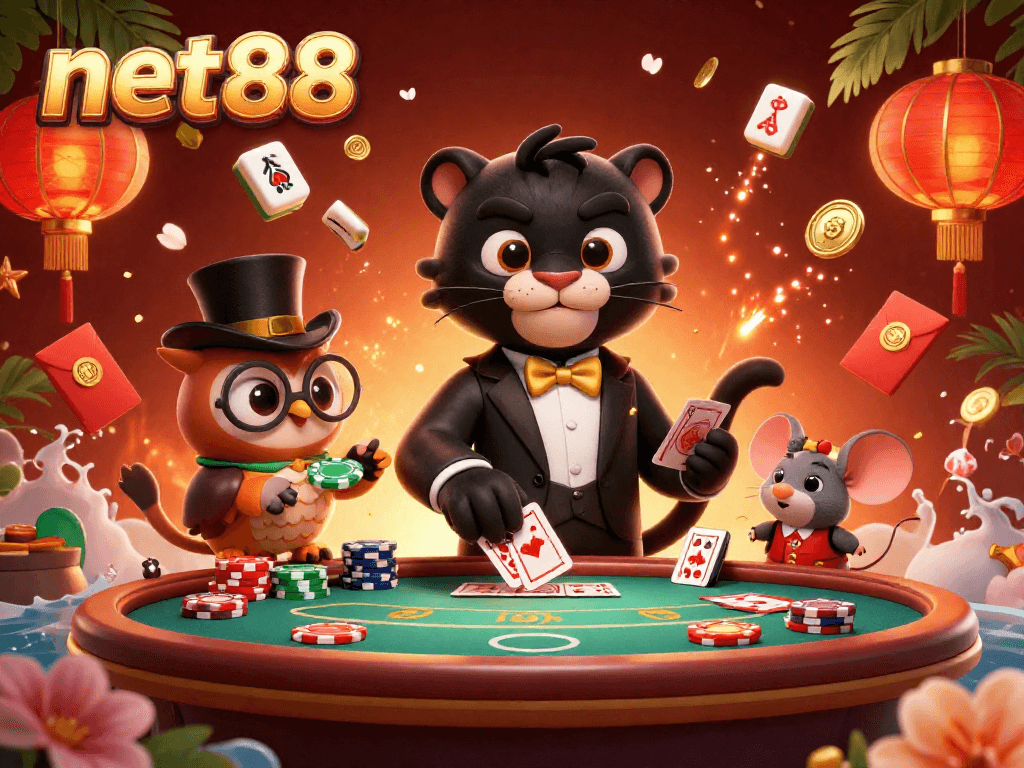 Engage with net88's exciting casino experience featuring lively characters and vibrant gaming elements.