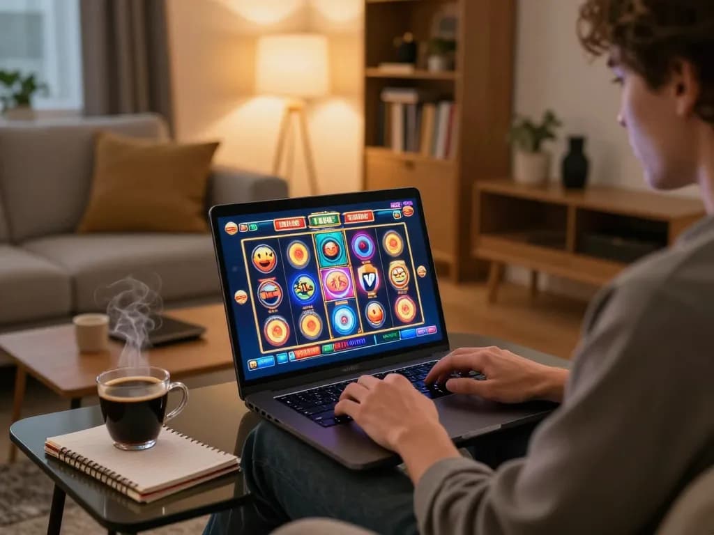 Player enjoying online slots at LV88 in a cozy home setting with snacks and drinks.