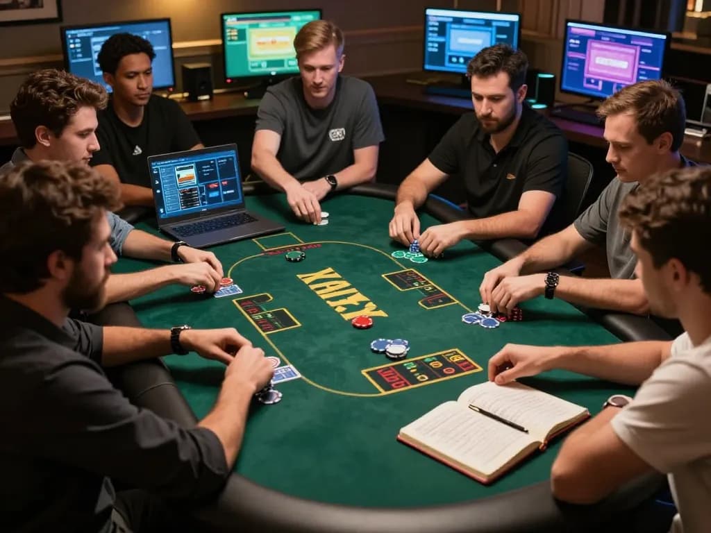 Strategic gameplay on 789BET poker table during online session, showcasing focused players and warm digital ambiance
