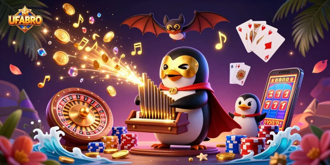 Experience the exciting world of UFABRO with a 3D penguin organist surrounded by casino magic!