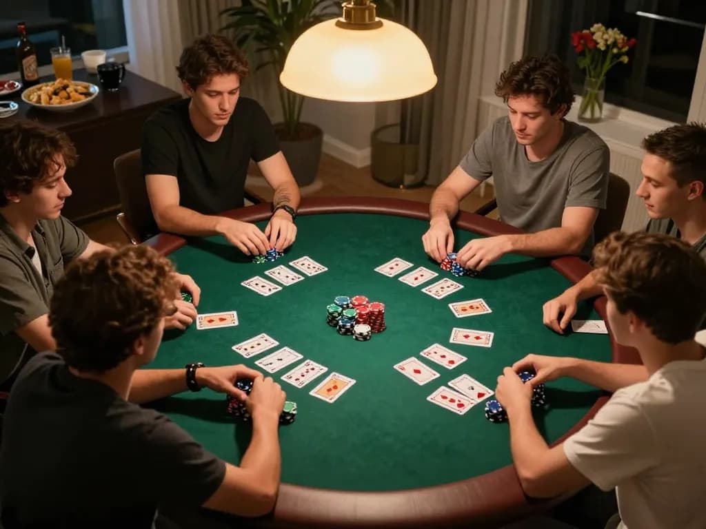 Friends enjoy a competitive poker night at home with strategic play and tx88 chips in view.