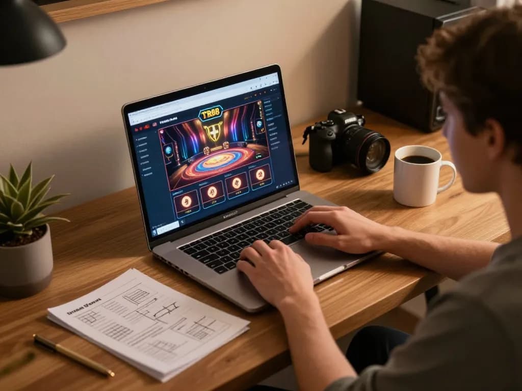 Engaging in strategic online gaming with TR88 interface displayed on laptop screen.