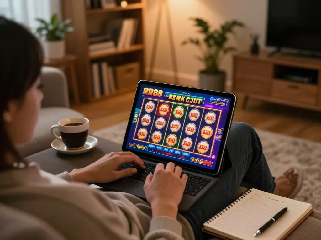 Engaging player participates in RR88 online casino gaming on tablet in cozy home