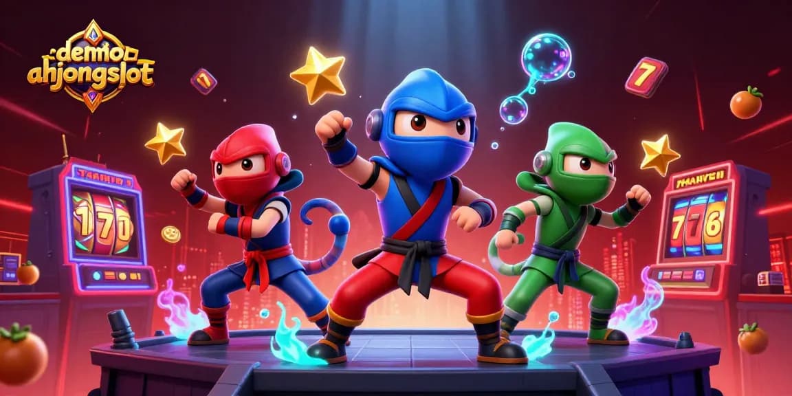 Experience the thrill of demomahjongslot with a dynamic casino scene featuring ninja chameleons and vibrant gaming elements.