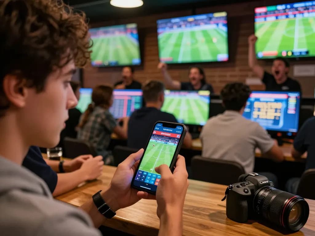 Engaging sports betting at a lively bar using the 7m app for live football odds and match updates.