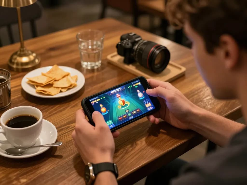 Berinteraksi dengan aplikasi kasino WBO77 di smartphone dalam suasana kedai kopi yang nyaman.