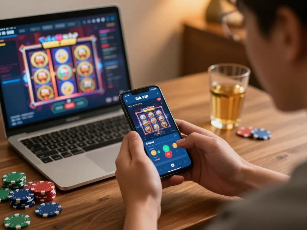 Player enjoying a thrilling experience on the rik vip mobile app while relaxing at home