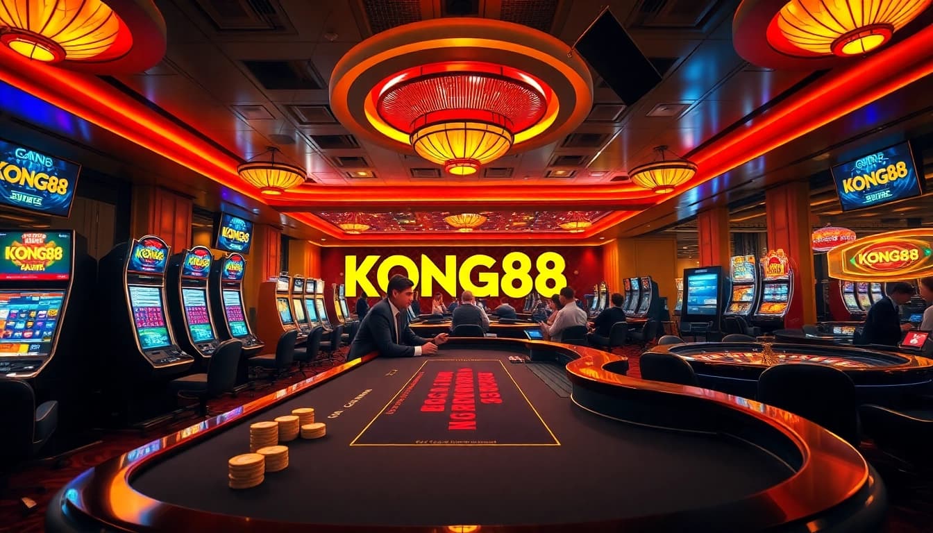 KONG88 casino gaming experience with vibrant slot machines and professional dealers.