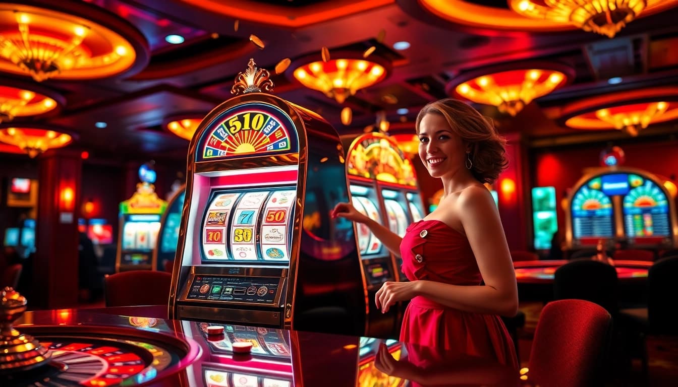 Experience the thrill of slot gacor at a luxurious casino with winning players and vibrant slot machines.