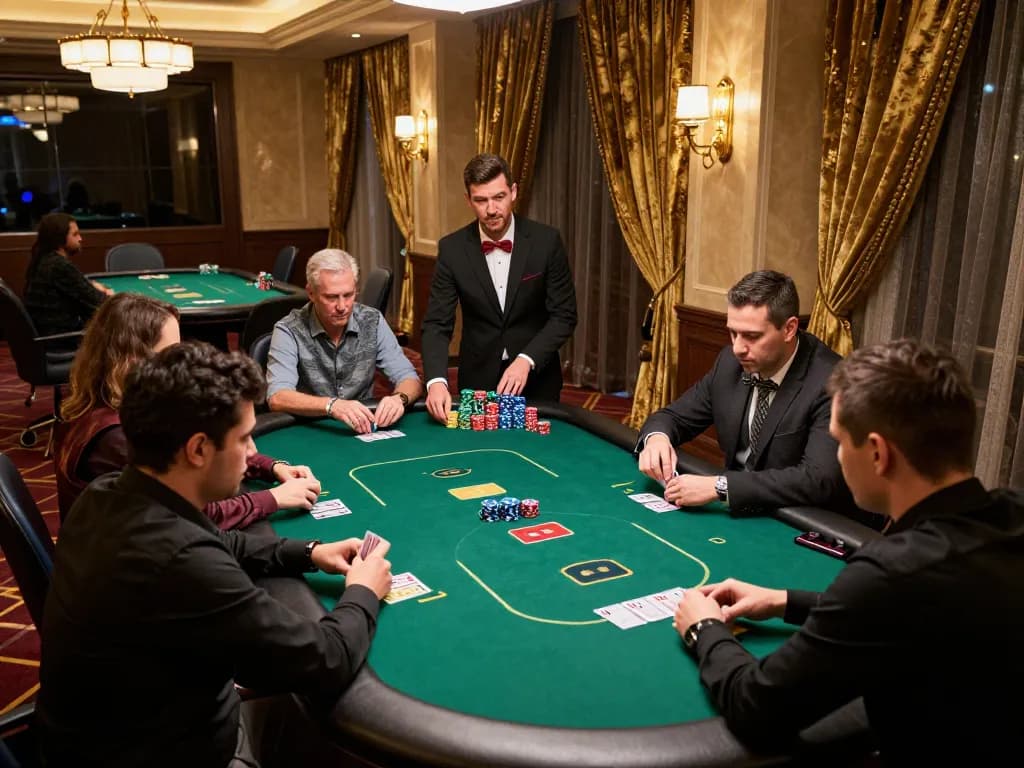 Players engaged in an intense poker game at VIPWIN casino, showcasing strategy and excitement.