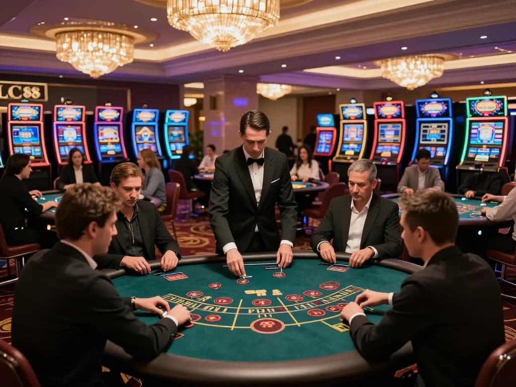 Players strategizing their bets at LC88 live casino tables amidst luxurious lighting