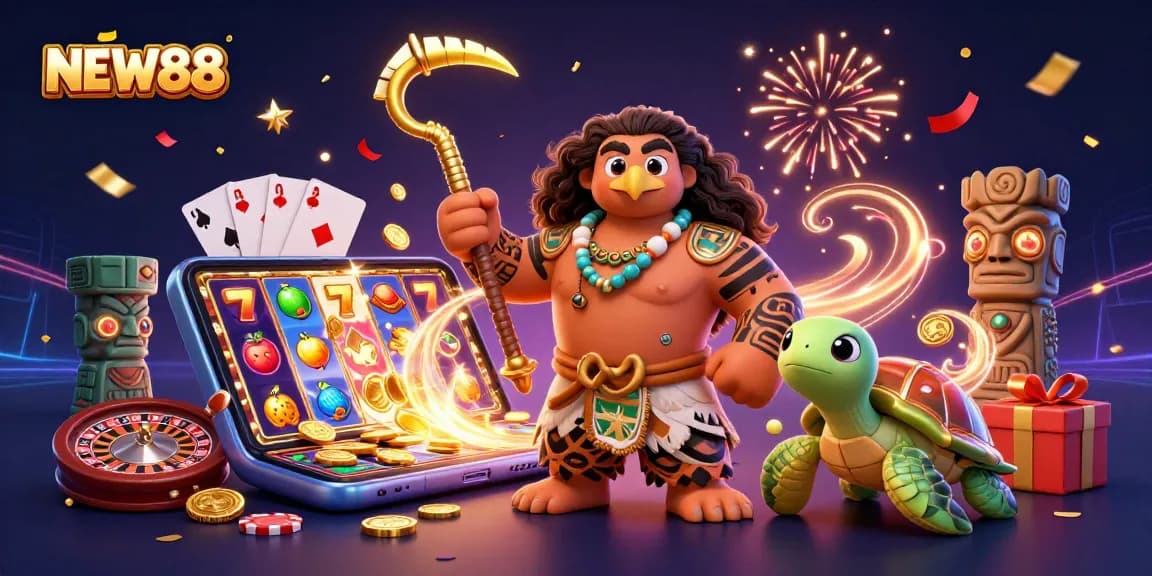 Experience the thrill of NEW88 with a vibrant 3D casino scene including dynamic gameplay elements.