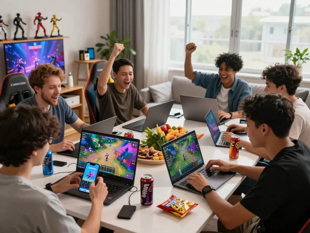 Engaged players enjoying the HM88 app in a lively gaming session with smartphones and laptops.