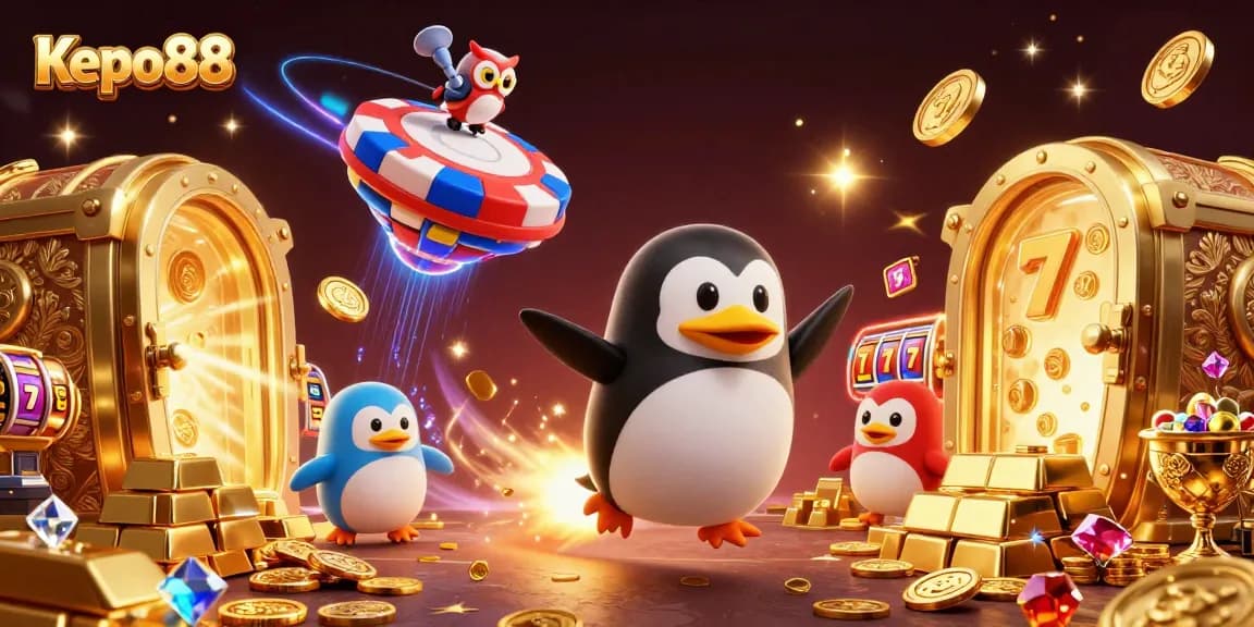 Kepo88 brings a thrilling casino experience with a golden penguin and jackpot elements soaring in space.