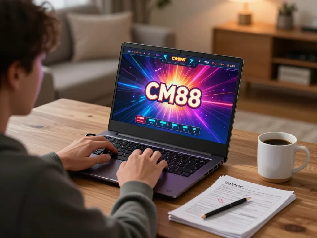 Player enjoying CM88 online casino gaming on laptop with vibrant interface, coffee and strategy notes nearby
