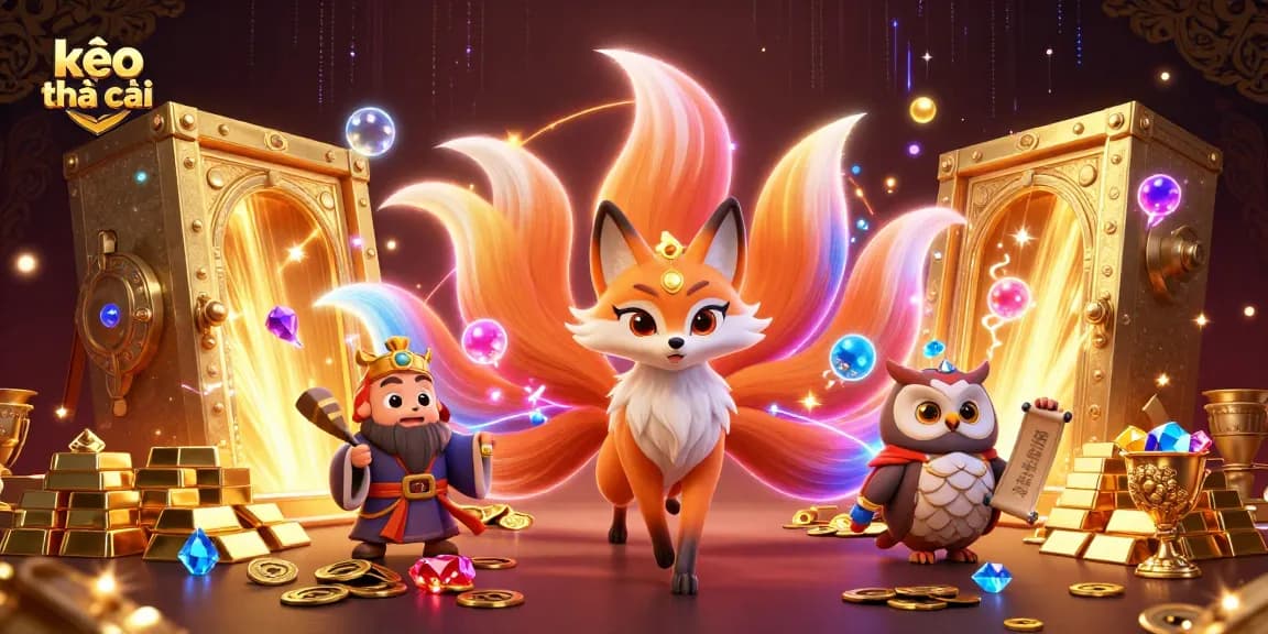 Experience the excitement of kèo nhà cái with a vibrant 3D illustration featuring a mystical fox and owl amidst treasures.
