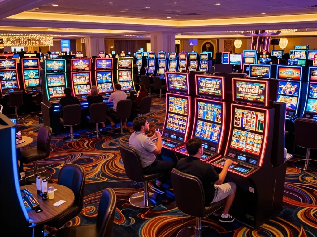 Players engaging with vibrant 988slot machines in a lively casino atmosphere.