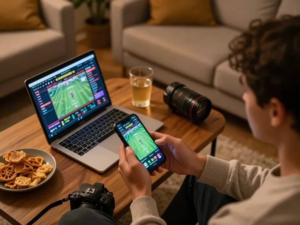 The individual strategizes their sports betting on ok365 with a focused mobile app, snacks prepared.