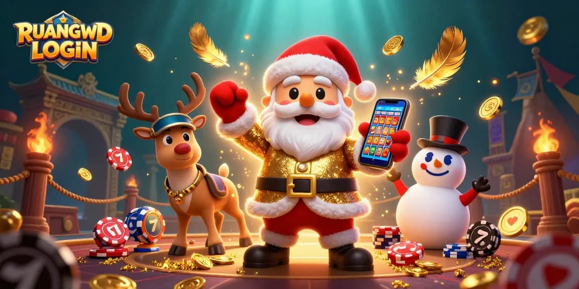 Experience excitement with RUANGWD LOGIN as Santa holds jackpot slots, surrounded by casino magic.