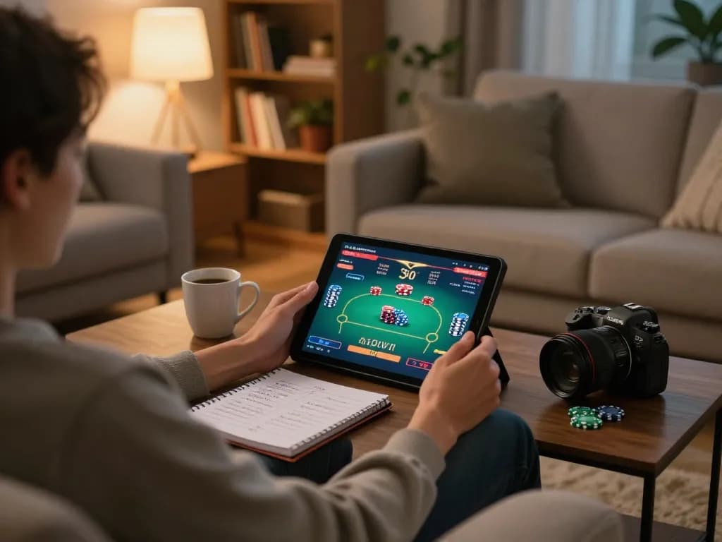 Person enjoying online poker gaming on a tablet at home with God55, showcasing a cozy and strategic gaming atmosphere.