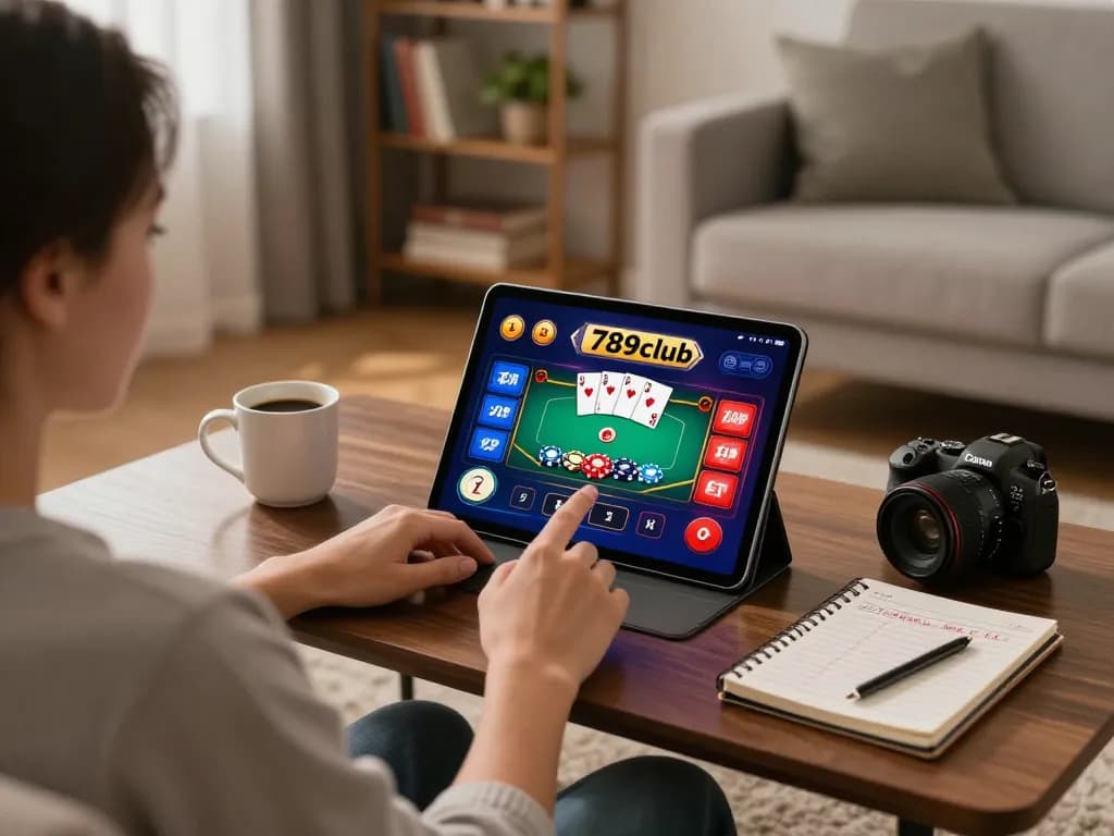 Engaging in online gaming at 789club with a user-friendly tablet setup, showcasing poker game graphics.