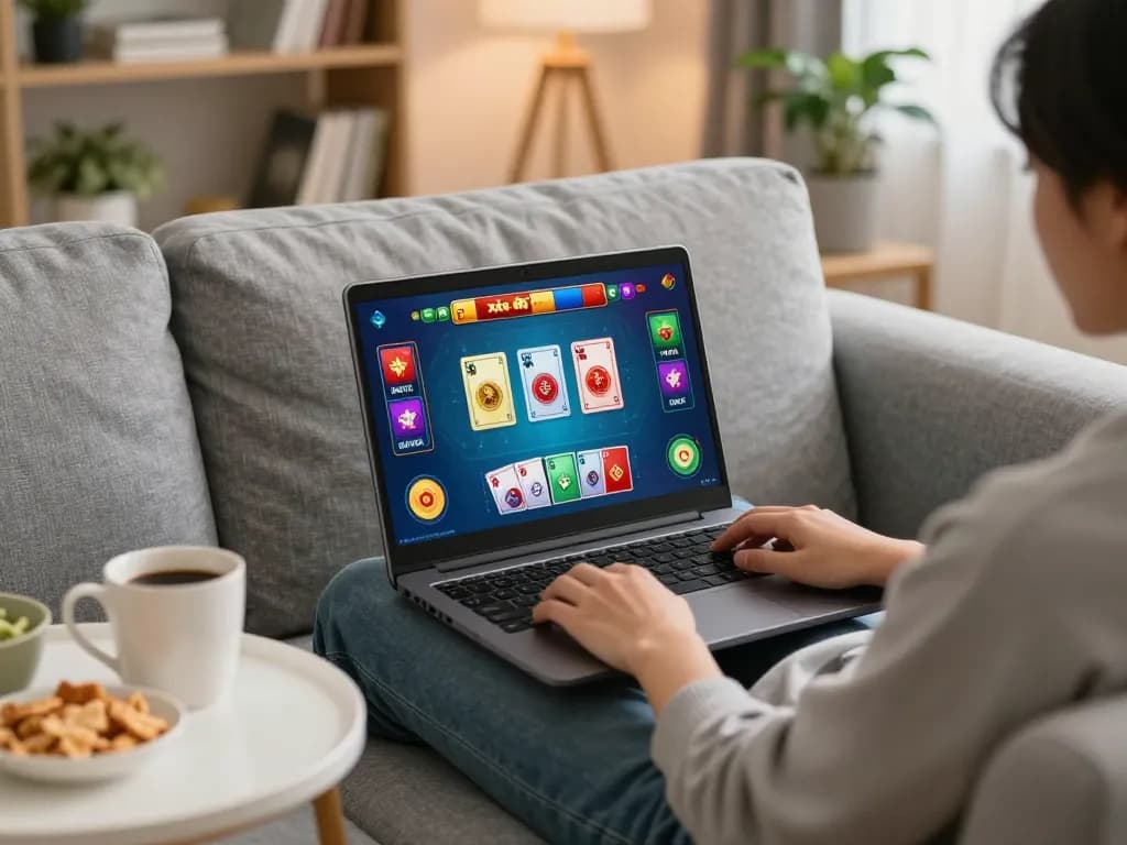 Playing xóc đĩa online on a laptop in a cozy living room while enjoying snacks and drinks