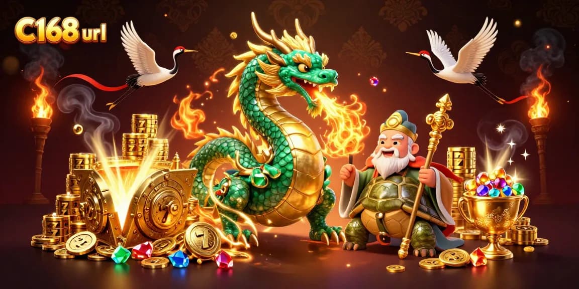 Engage with stunning action at C168 url, featuring a vibrant dragon and lucky symbols amid rich casino elements.