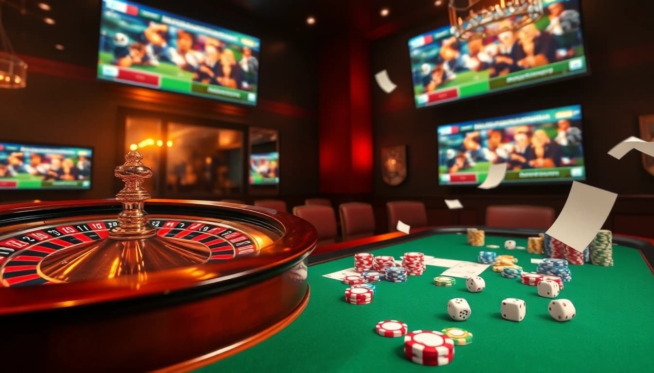 Situs Judi Bola Piala Dunia 2028 engaging scene with roulette wheel, poker chips, and soccer match displays