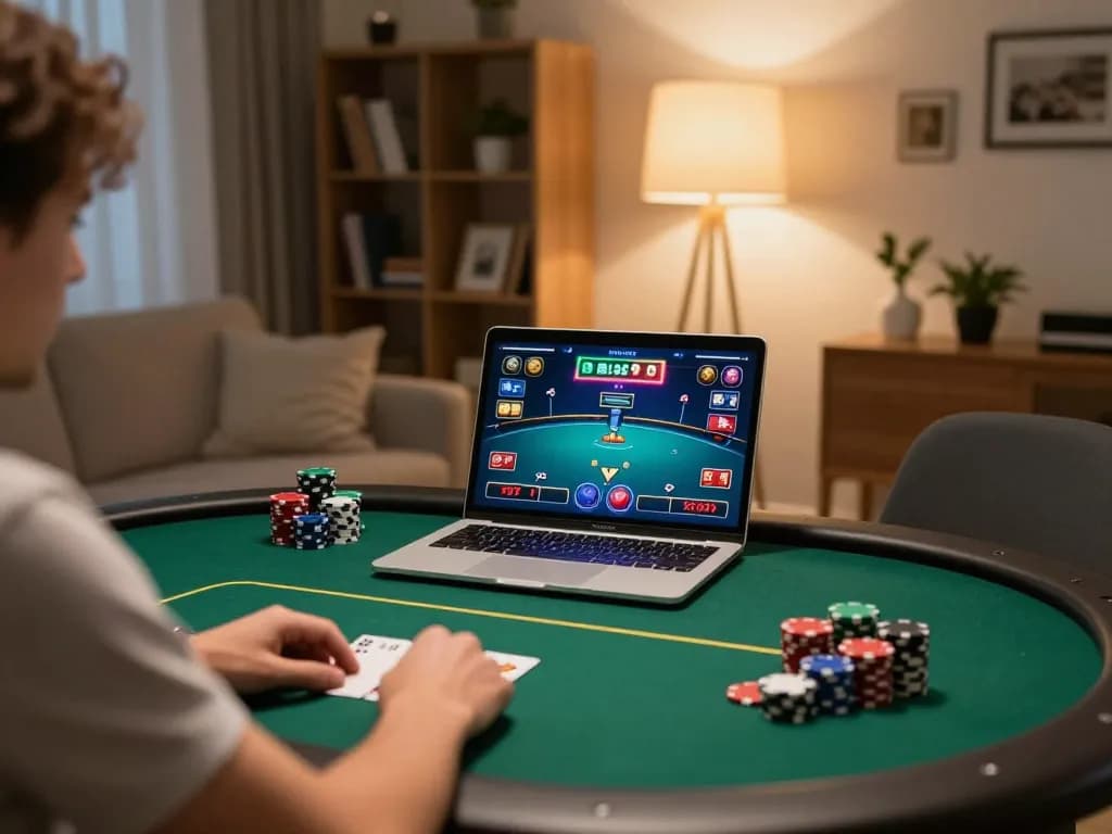 Player engaging in poker gameplay at home using luckywin com on a laptop.