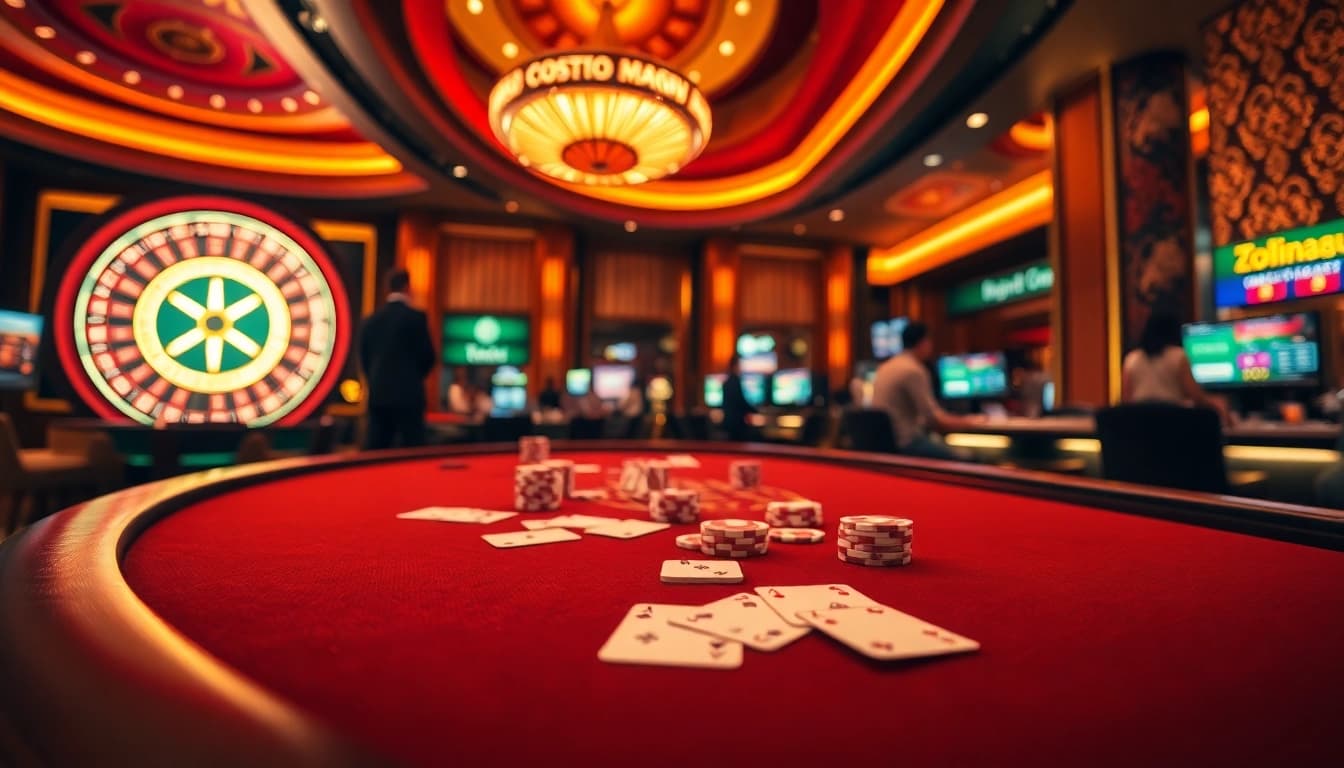 Toto Macau gaming table with vibrant chips and cards, capturing the excitement of the casino scene.