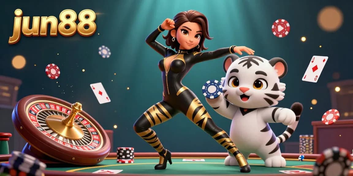 Experience thrilling casino action with jun88, featuring vibrant scenes with playful characters and poker elements.