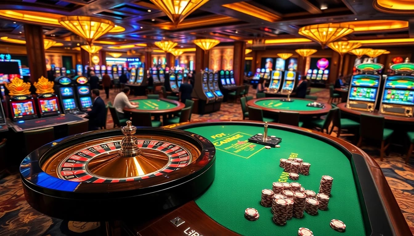 Experience thrilling gameplay at https://urr88.com/ with vibrant casino scenes featuring roulette and slot machines.