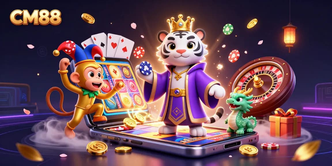 CM88 showcases an elegant tiger and playful monkey in a vibrant casino-themed scene, rich in gaming elements.