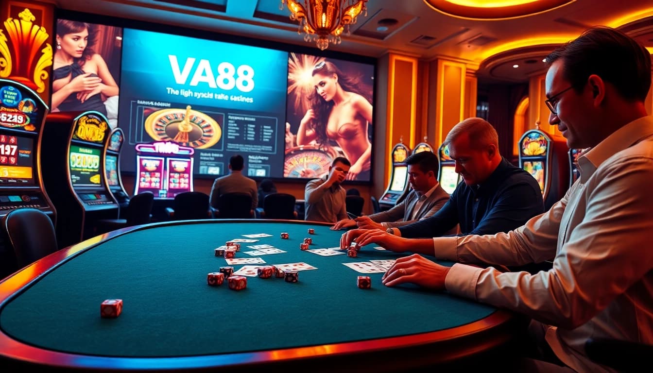 Players enjoying a thrilling game night featuring VA88 casino tables and vibrant slot machines.