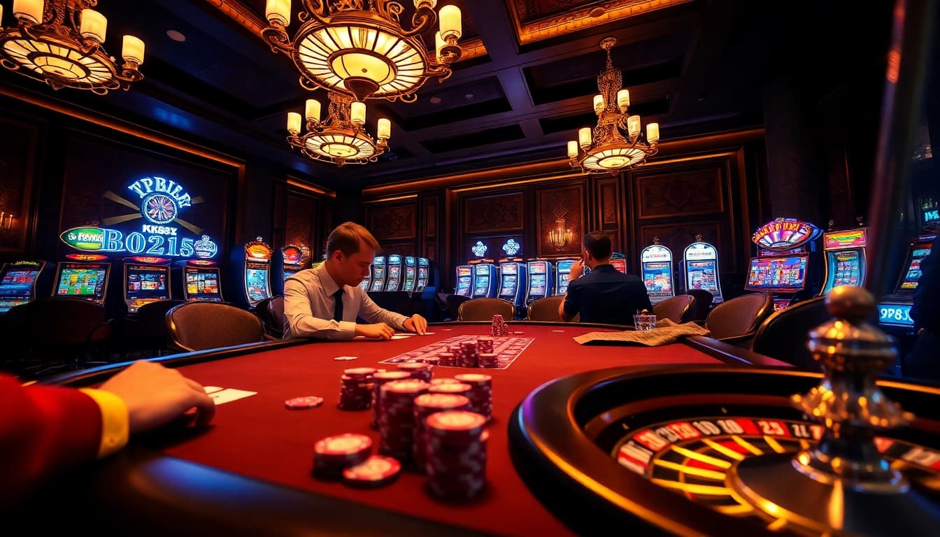 High-stakes gaming atmosphere at KP88 casino featuring intense poker action and casino lights.