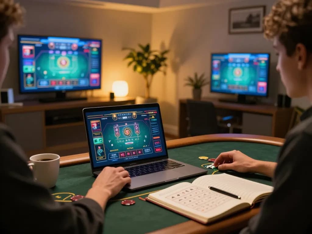 Engaging in live dealer blackjack online at vipwin1 with a cozy atmosphere, laptop and strategy notes visible