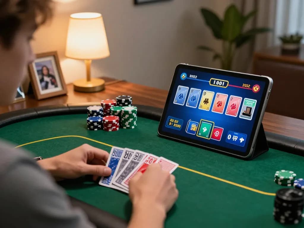 Engaged player strategizing at ALO8 Live poker game on tablet with personal setup.