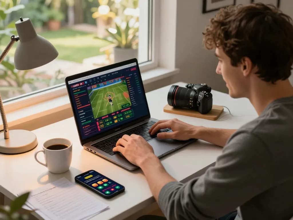 Player engaging in online sports betting at home with hi88 platform, showcasing a dynamic atmosphere.